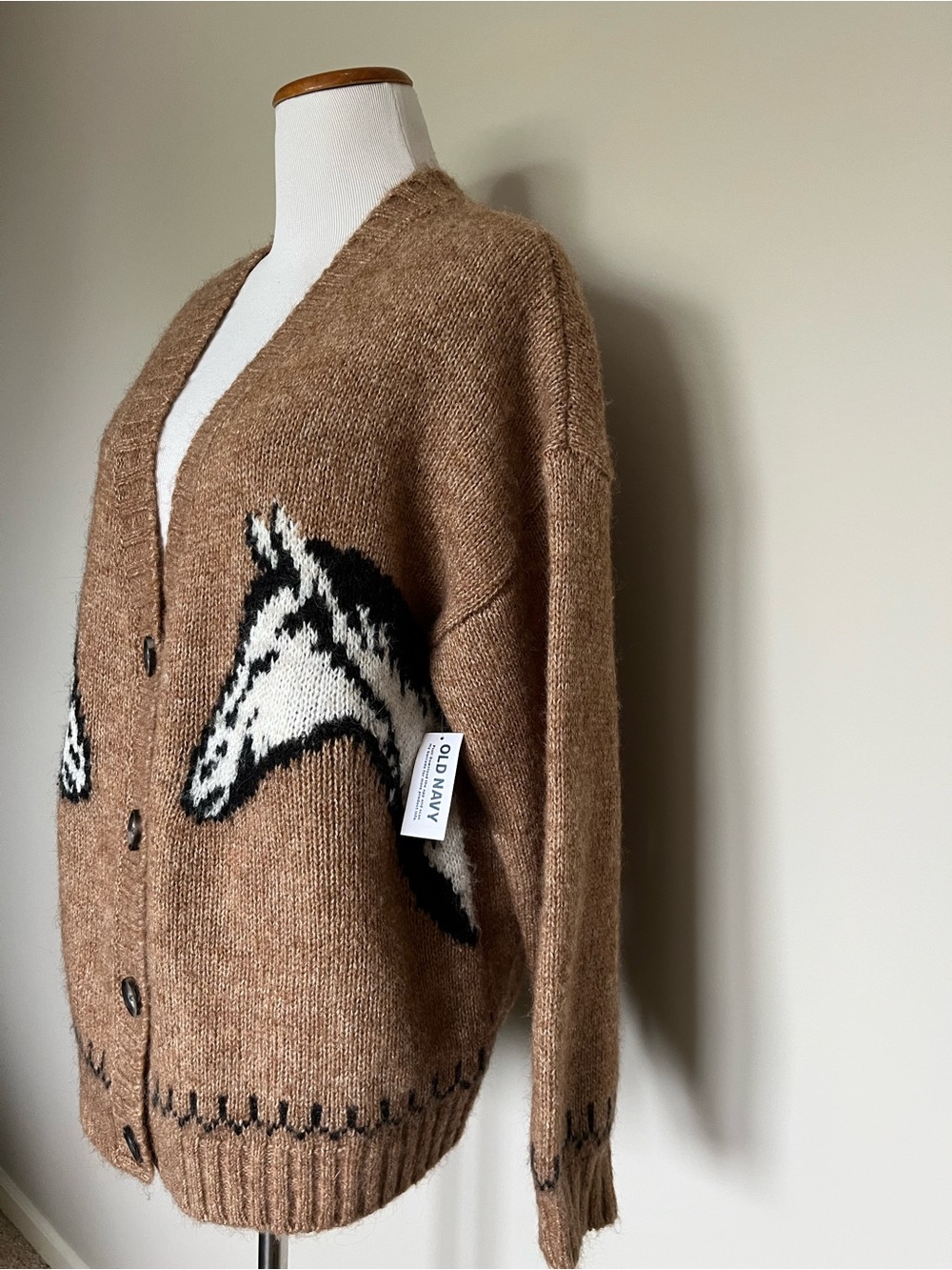 NWT Old Navy Brown Wool Blend Horse Graphic Cardigan Size Medium - Picture 10 of 11